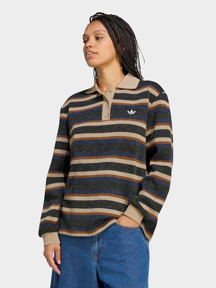 adidas Originals Black/Cream Stripe Knitted Polo Top - Image 1 of 6 adidas Originals Black/Cream Stripe Knitted Polo Top - Image 1 of 6