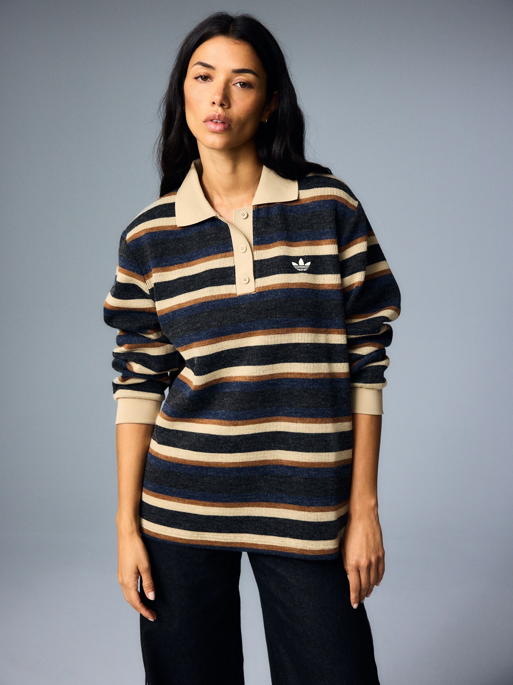 Satın al Siyah/Krem - adidas Originals Stripe Knitted Polo Top