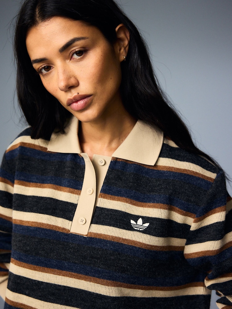 adidas Originals Black/Cream Stripe Knitted Polo Top - Image 7 of 7