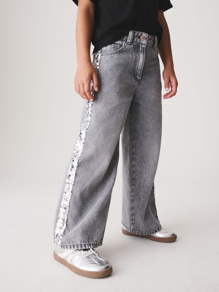 Grey/ Silver Sequin Side Tape Wide Jeans (3-16yrs) - Image 1 of 8