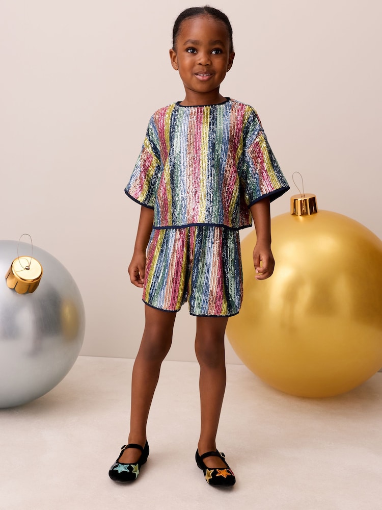 Little Bird by Jools Oliver Rainbow Stripe Sequin T-Shirt & Shorts Set - Image 2 of 12