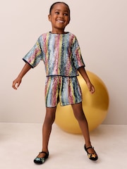 Little Bird by Jools Oliver Rainbow Stripe Sequin T-Shirt & Shorts Set - Image 4 of 12