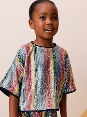 Little Bird by Jools Oliver Rainbow Stripe Sequin T-Shirt & Shorts Set - Image 6 of 12