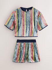 Little Bird by Jools Oliver Rainbow Stripe Sequin T-Shirt & Shorts Set - Image 7 of 12