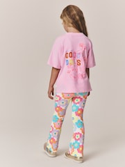 Little Bird by Jools Oliver Pink Embroidered T-Shirt & Floral Ribbed Kickflare Set - Image 5 of 11