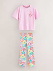 Little Bird by Jools Oliver Pink Embroidered T-Shirt & Floral Ribbed Kickflare Set - Image 8 of 11