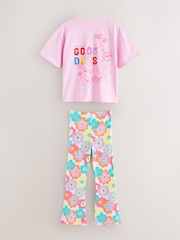 Little Bird by Jools Oliver Pink Embroidered T-Shirt & Floral Ribbed Kickflare Set - Image 9 of 11