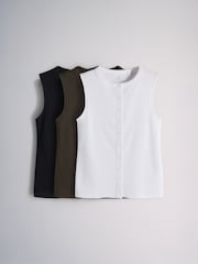 The Set 3 Pack Button Through Ribbed Vests White/Brown/Black - Image 1 of 6