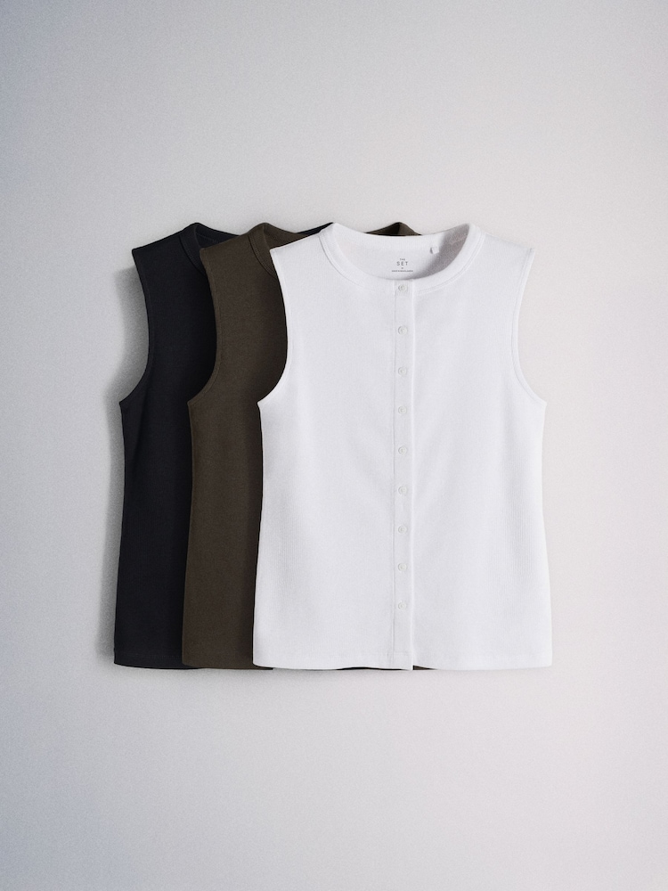 The Set 3 Pack Button Through Ribbed Vests White/Brown/Black - Image 1 of 6