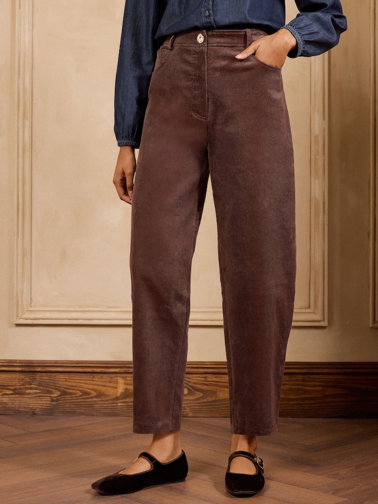 Love & Roses Chocolate Brown Cord Barrel Trousers - Image 1 of 5