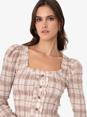Amy Lynn Cream Maisie Smocked Cotton Blouse in Windowpane Check - Image 10 of 11