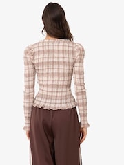 Amy Lynn Cream Maisie Smocked Cotton Blouse in Windowpane Check - Image 6 of 11