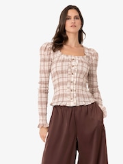 Amy Lynn Cream Maisie Smocked Cotton Blouse in Windowpane Check - Image 7 of 11