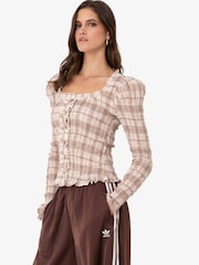 Amy Lynn Cream Maisie Smocked Cotton Blouse in Windowpane Check - Image 8 of 11