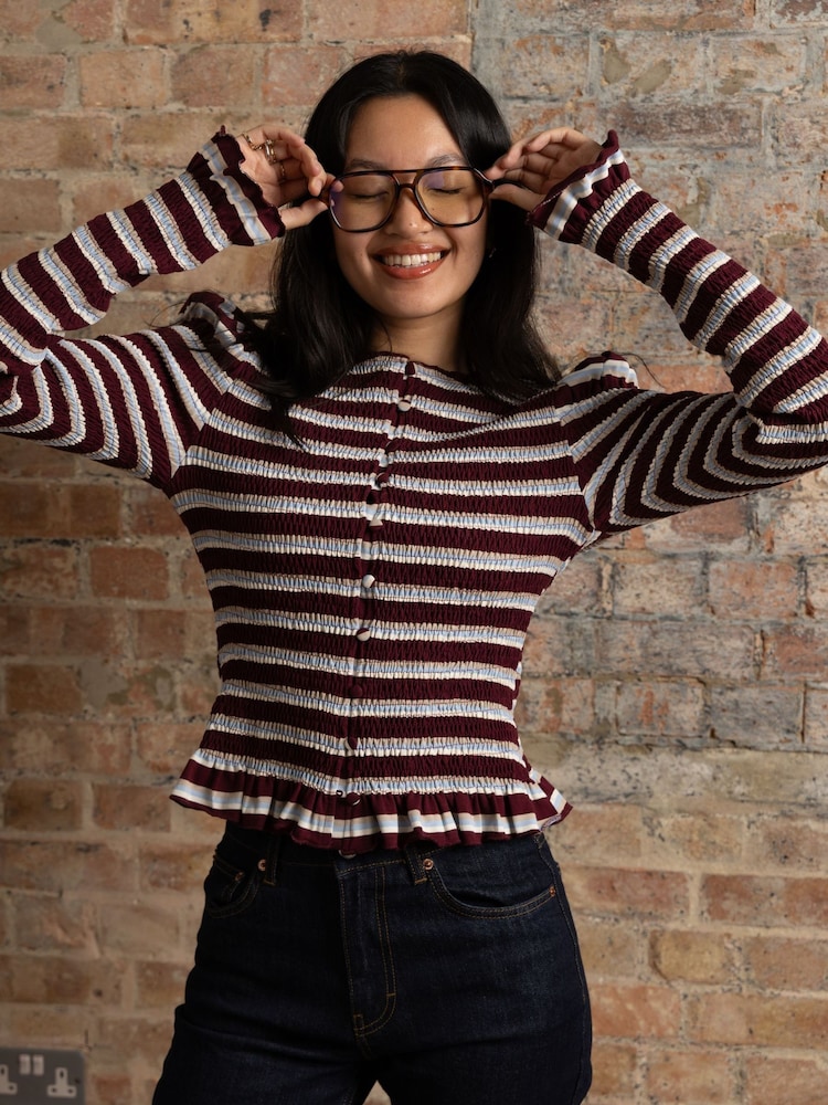 Amy Lynn Agyness Smocked Viscose Jersey Knitted Stripe Cardigan - Imagen 1 de 8 Amy Lynn Agyness Smocked Viscose Jersey Knitted Stripe Cardigan - Imagen 1 de 8