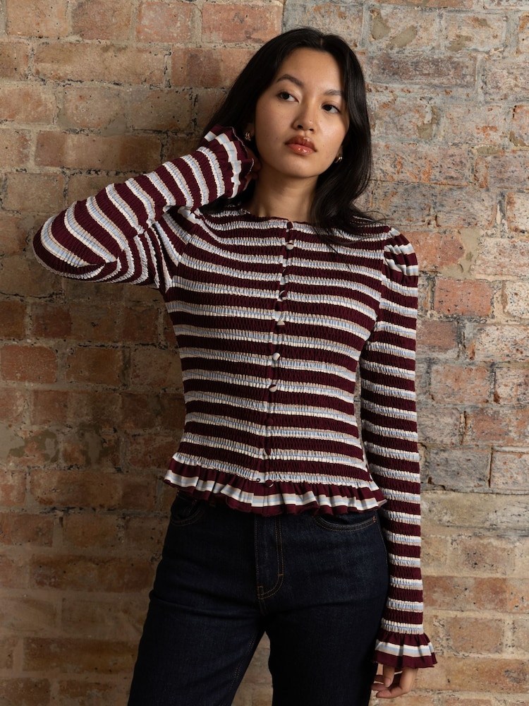 Amy Lynn Agyness Smocked Viscose Jersey Knitted Stripe Cardigan - Imagen 2 de 8 Amy Lynn Agyness Smocked Viscose Jersey Knitted Stripe Cardigan - Imagen 2 de 8