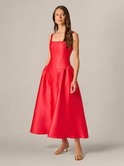 Adrianna Papell Red Shirred Mikado Ankle Dress - Image 1 of 6