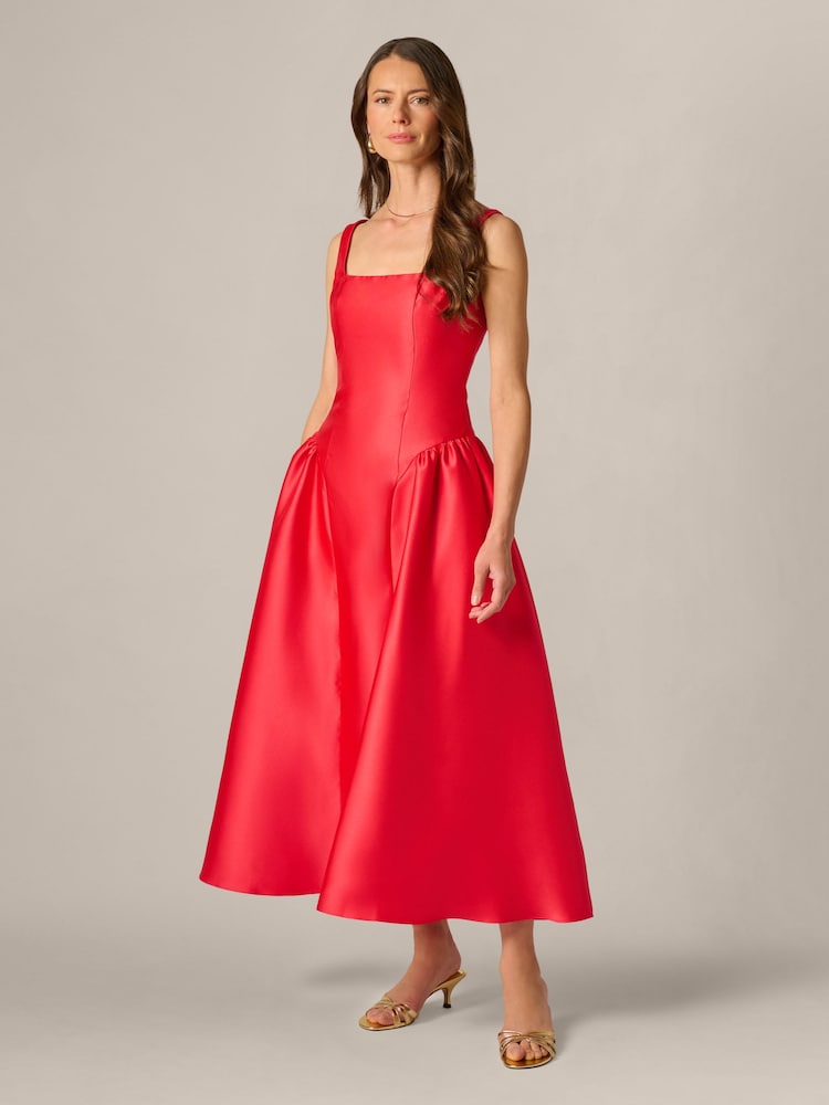 Adrianna Papell Red Shirred Mikado Ankle Dress - Image 1 of 6