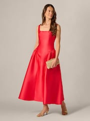 Adrianna Papell Red Shirred Mikado Ankle Dress - Image 3 of 6