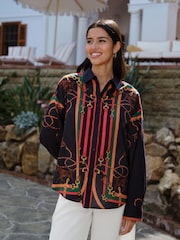 Navy Horse Scarf Print - Chemise légère décontractée à manches longues en coton - Image 1 de 4