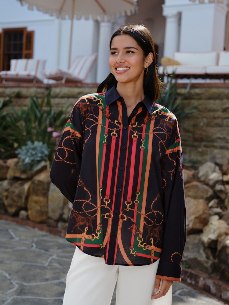 Navy Horse Scarf Print - Chemise légère décontractée à manches longues en coton - Image 1 de 4