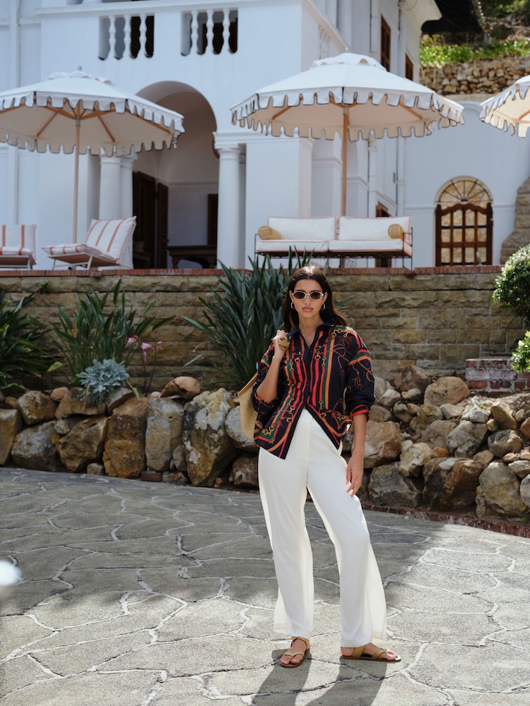 Navy Horse Scarf Print - Chemise légère décontractée à manches longues en coton - Image 2 de 4