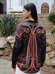 Navy Horse Scarf Print - Chemise légère décontractée à manches longues en coton - Image 3 de 4