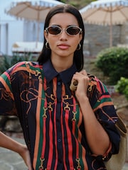 Navy Horse Scarf Print - Chemise légère décontractée à manches longues en coton - Image 4 de 4