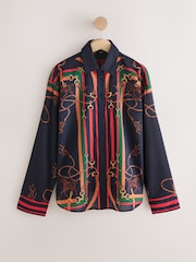 Navy Horse Scarf Print Relaxed Long Sleeve Cotton Lightweight Shirt - Image 5 of 7