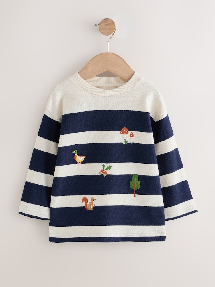 Navy/White Woodland embroidered Long Sleeve Appliqué T-Shirt (3mths-7yrs) - Image 1 of 4