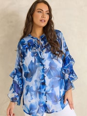 Evans Blue Frilled Sleeve Occasion Top - Image 1 of 5