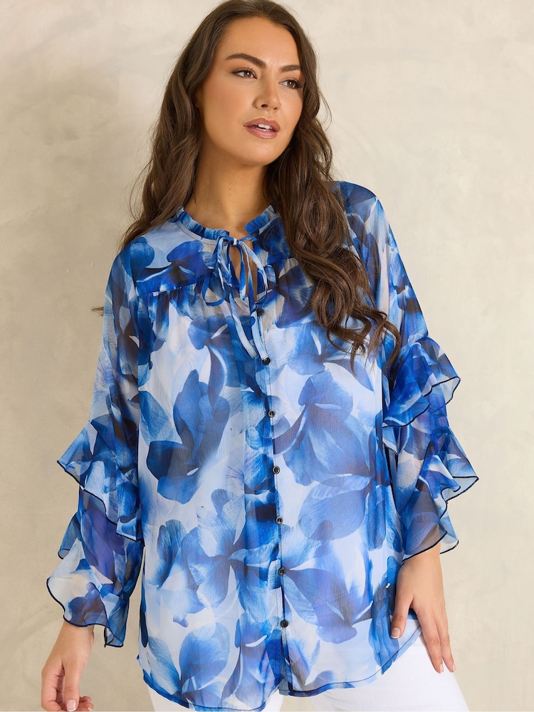 Evans Blue Frilled Sleeve Occasion Top - Image 1 of 5
