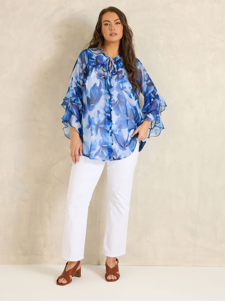 Evans Blue Frilled Sleeve Occasion Top - Image 2 of 5