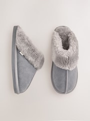 Grey Faux Fur Lined Suede Mule Slippers - Image 1 of 6