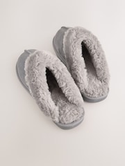 Grey Faux Fur Lined Suede Mule Slippers - Image 4 of 6