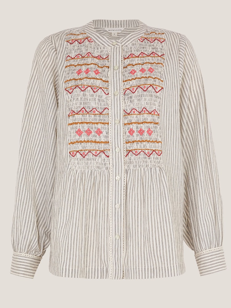 Monsoon Black Hettie Embroidered Shirred Stripe Shirt - Image 5 of 5