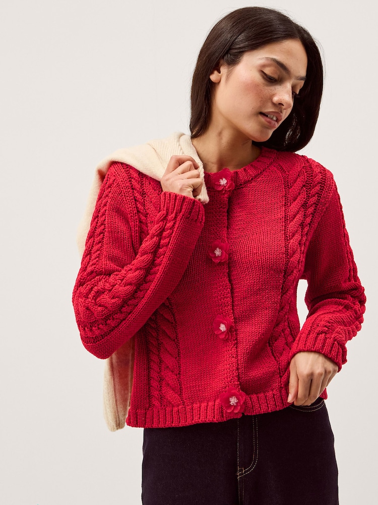 Monsoon Red Kelly Flower Button Cable Knit Cardigan - Image 2 of 5 Monsoon Red Kelly Flower Button Cable Knit Cardigan - Image 2 of 5