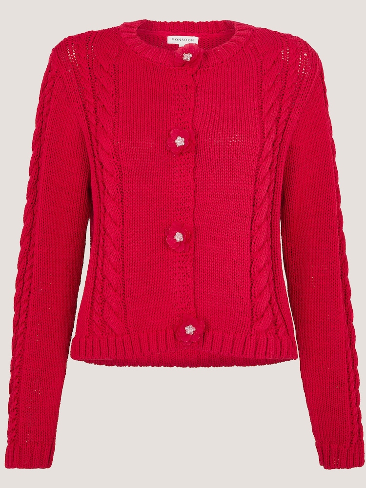 Monsoon Red Kelly Flower Button Cable Knit Cardigan - Image 5 of 5 Monsoon Red Kelly Flower Button Cable Knit Cardigan - Image 5 of 5