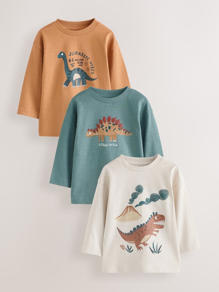 Brown Dinosaur Long Sleeve Graphic T-Shirts 3 Pack (3mths-7yrs) - Image 1 of 7