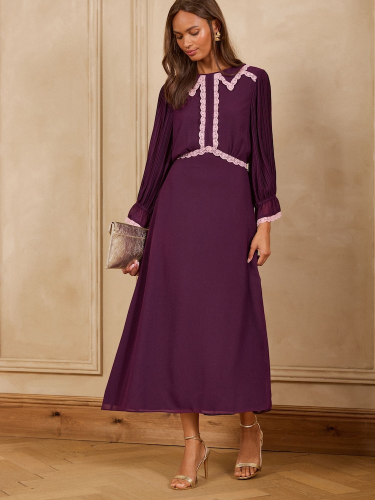 Burgundy Punainen - Love & Roses -pitsireunainen kaulusmidi-teemekko - Kuva 1 / 5
