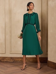 Love & Roses Forest Green Petite Lace Trim Collared Midi Tea Dress - Image 1 of 4