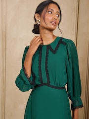 Love & Roses Forest Green Petite Lace Trim Collared Midi Tea Dress - Image 2 of 4