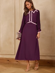 Love & Roses Burgundy Red Petite Lace Trim Collared Midi Tea Dress - Image 1 of 5