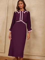 Love & Roses Burgundy Red Petite Lace Trim Collared Midi Tea Dress - Image 3 of 5