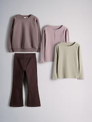 The Set 4 Piece Crew Neck Puff Sleeve Long Sleeve Rib Kickflare T-Shirt, Sweatshirt and Jeans Set Purple/Chocolate Brown/Light Green/Lilac - Image 1 of 7