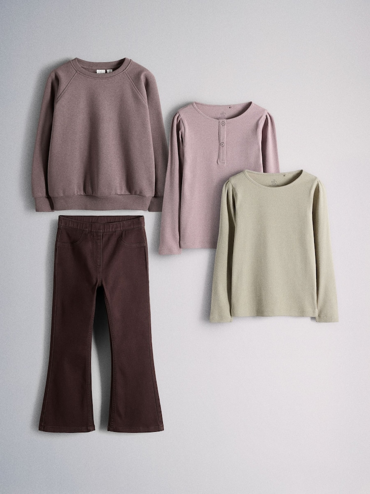 The Set 4 Piece Crew Neck Puff Sleeve Long Sleeve Rib Kickflare T-Shirt, Sweatshirt and Jeans Set Purple/Chocolate Brown/Light Green/Lilac - Image 1 of 7 The Set 4 Piece Crew Neck Puff Sleeve Long Sleeve Rib Kickflare T-Shirt, Sweatshirt and Jeans Set Purple/Chocolate Brown/Light Green/Lilac - Image 1 of 7