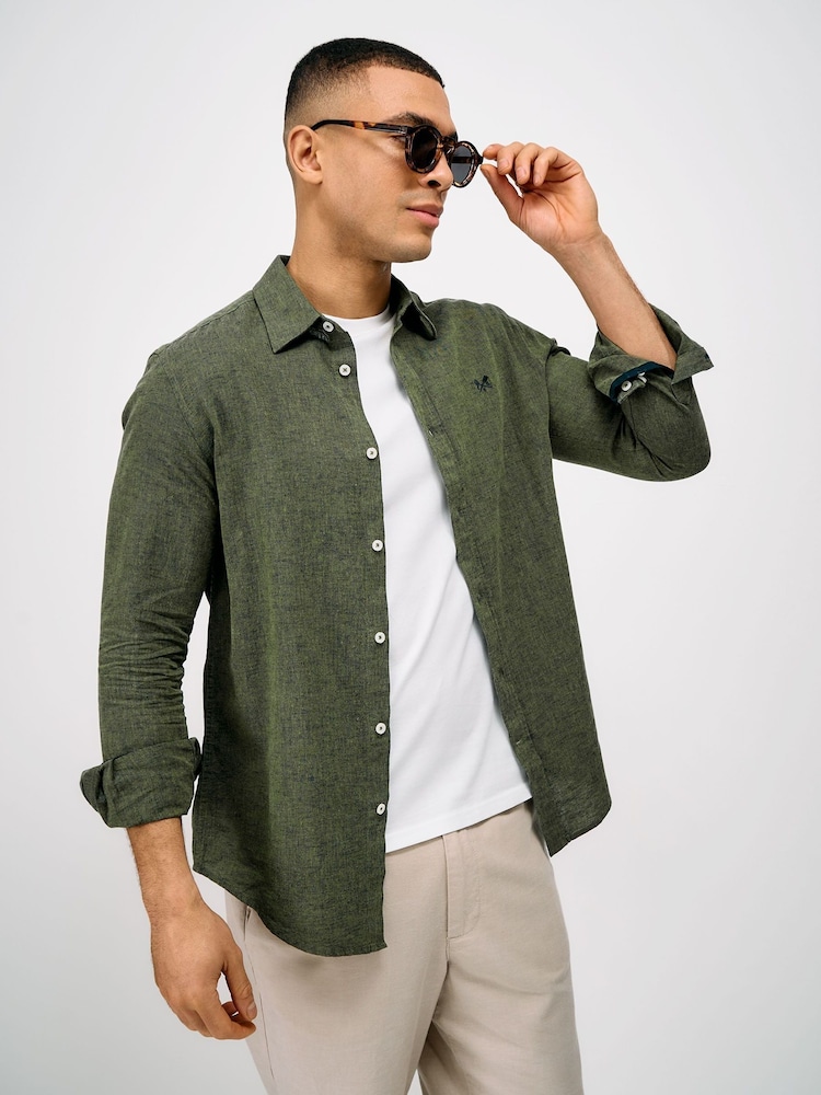 Crew Clothing Company Green Long-Sleeve Linen Shirt - Image 1 of 5