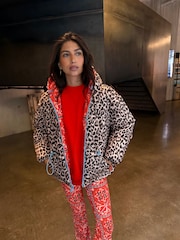 Never Fully Dressed Red Bandana/Leopard Reversible Puffer Jacket with Waist Cinching - Image 1 of 5