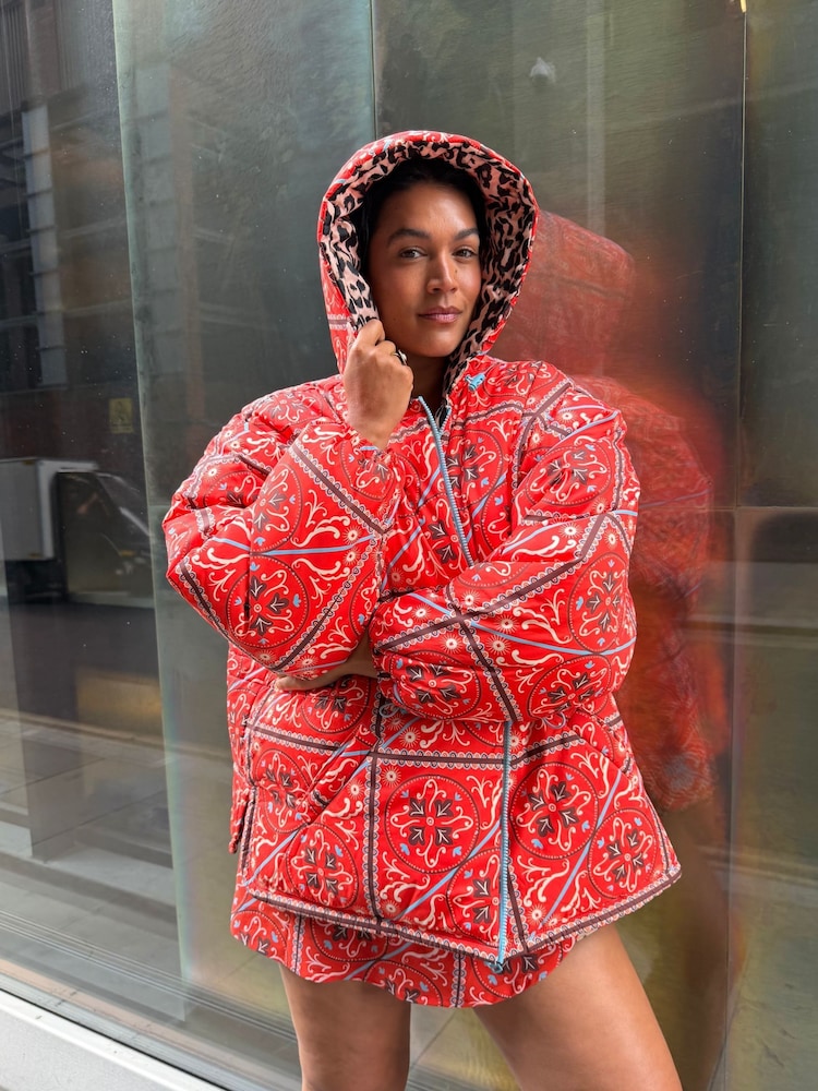 Never Fully Dressed Red Bandana/Leopard Reversible Puffer Jacket with Waist Cinching - Image 2 of 5