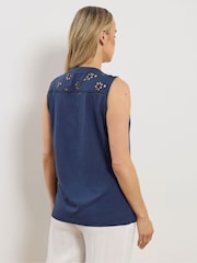 Long Tall Sally Blue Sleeveless Broderie Yoke Vest Top - Image 3 of 5